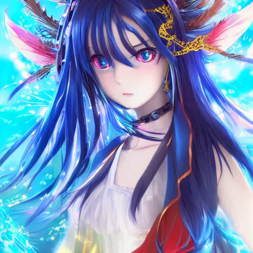 Image similar to a teenage anime girl wearing a very high intricate detailed dress made out of blue fire , full body, very long black/red hair, one yellow and one blue eye, intense stare, cinematic lighting, medium shot, MCU, trending on artstation, CSP, Photoshop, WLOP, Rossdraws, James Jean, Andrei Riabovitchev, Marc Simonetti, Anastasia Ovchinnikova, and Sakimichan