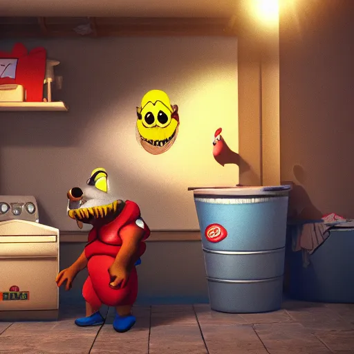 Image similar to boogerman doing his laundry, cgi render, cartoon, soft colors, simple