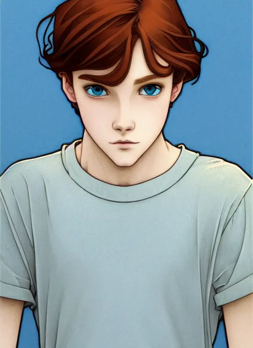 Image similar to art nouveau portrait of a teen boy with completely straight auburn hair, light blue eyes, pale skin, freckles, sad expression, t - shirt, modern casual clothing, natural lighting, path traced, highly detailed, high quality, cartoon, digital painting, by don bluth and ross tran and studio ghibli and alphonse mucha