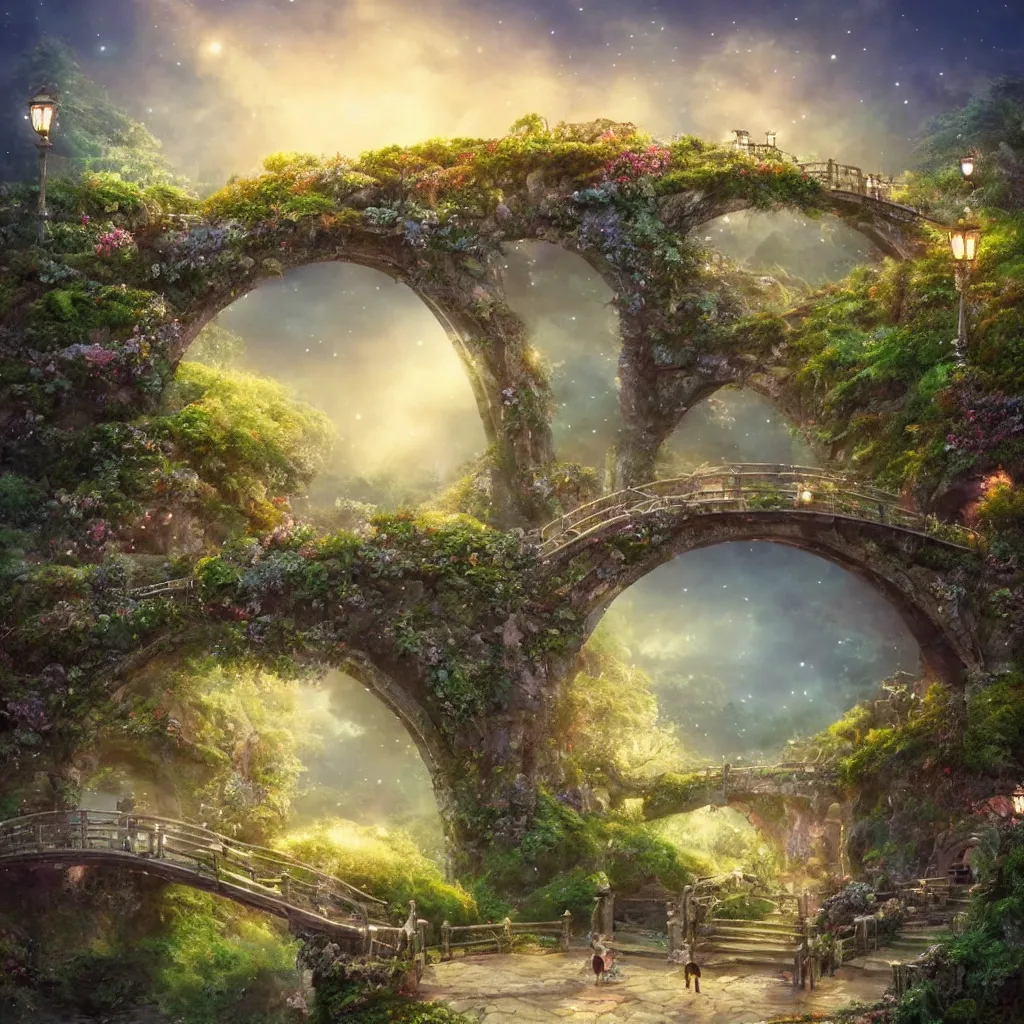 Image similar to fairyland bridge, outside of time and space, dreamy, romantic, night lighting, gorgeous lighting, dramatic cinematic lighting, intricate, highly detailed, in the style of studio ghibli, 8 k