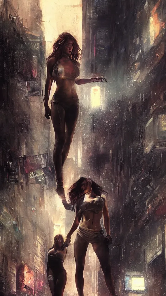 Prompt: bella thorne and megan fox, hyperrealistic full figure, bladerunner street, art of elysium by jeremy mann and frank frazetta, fantasy art, photo realistic, dynamic lighting, artstation, full figure poster, volumetric lighting, very detailed face, 4 k, award winning