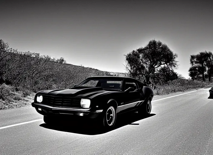 Prompt: retro picture of a black camaro mach 1 being chased by a police car on a dusty road, sunny day