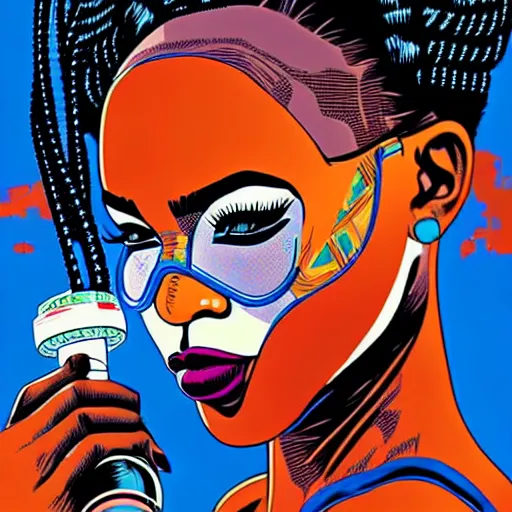 Image similar to a profile photo of a african woman with a diving oxygen mask with side profile blood in ocean intricate details by MARVEL comics and Sandra Chevrier-C