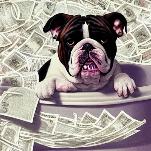 Image similar to english bulldog in bathtub with stacks of bills, artstation