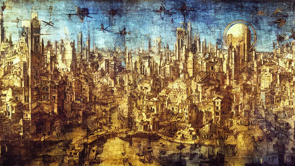 Image similar to a solarpunk city paiting made by Leonardo Da Vinci