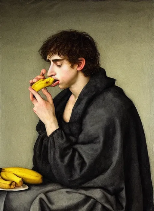 Prompt: (((( a painting of a Timothee Chalamet EATING an BANANA, a character portrait by Dürer, behance, pre-raphaelitism, da vinci,y pre-raphaelite, detailed painting“