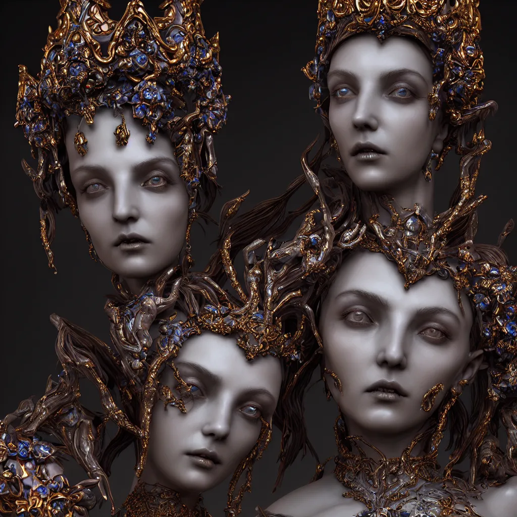 Prompt: a single close up photo - real delicate ceramic porcelain sculpture of an ornate majestic dark necromancer queen by rafael, backlit lighting, translucent, thin porcelain, octane renderer, colorful, physically based rendering,