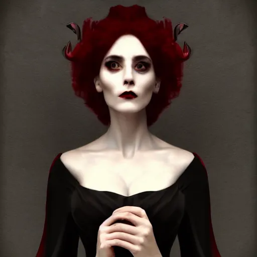 Image similar to Demonic beautiful vampire woman mistress of death mourning widow vintage gown with a faint smile dark lipstick, emerging from dark fog and smoke, colourful trending artstation, detailed portrait academic caravaggio Bouguereau, sharp focus medium shot