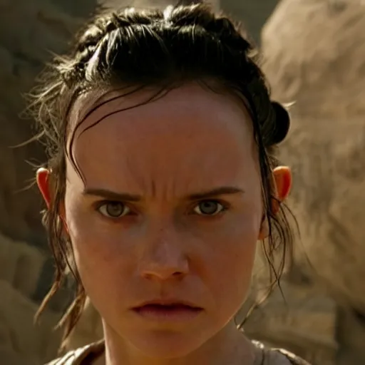 Image similar to a film still of rey skywalker in star wars realistic, detailed