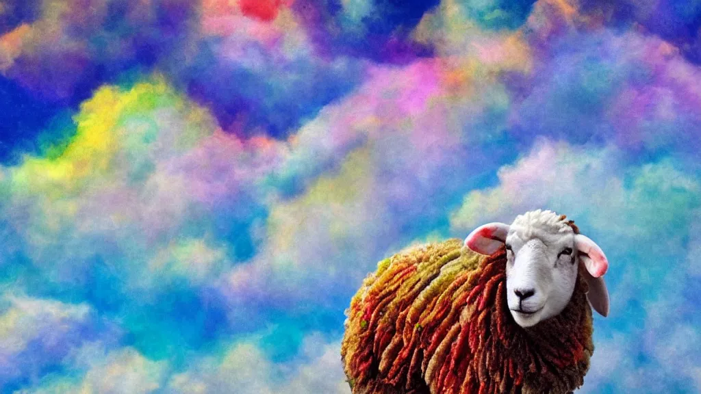 Image similar to portrait of a sheep on a colorful nebulous cloud backdrop