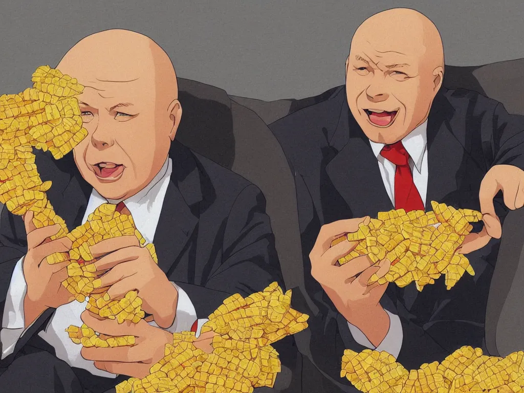 Prompt: an anime art of nikita khrushchev sitting on a couch and eating a bag of corn chips, digital painting, highly detailed, illustration