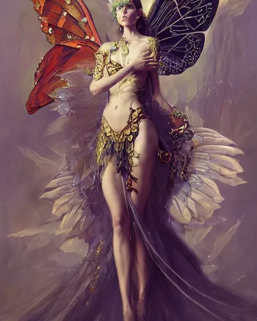 Image similar to Moth Fairy Maiden with large moth like wings wearing ornate dress by Ruan Jia and Andrei Riabovitchev, featured on Artstation, Hyperdetailed, stylized, realistic oil on linen, masterpiece, fantasy, dark academia