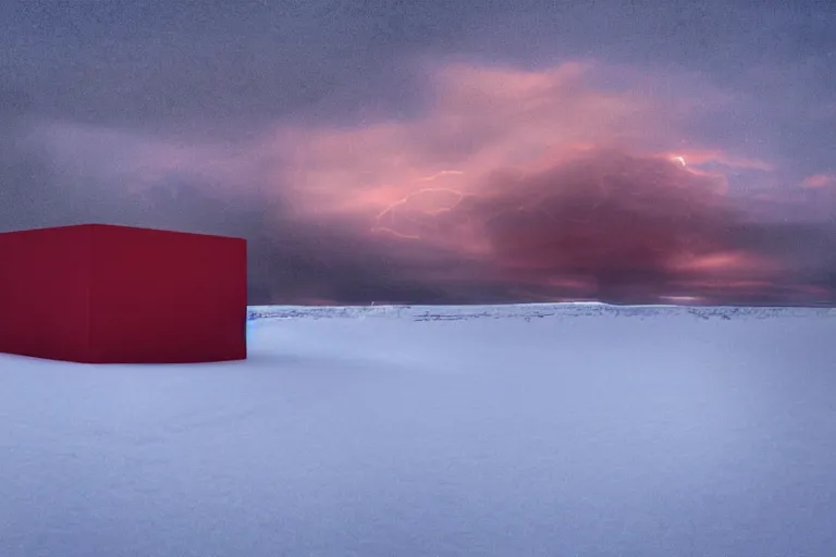 Image similar to a large red cube of light sitting in the middle of a snow covered field, a matte painting by pascal blanche, featured on behance, new sculpture, matte painting, apocalypse art, apocalypse landscape