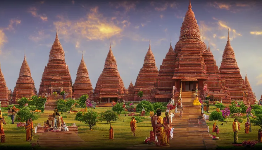 Image similar to matte painting of a beautiful mon - dvaravati village buddhist temple sema, inspired by indian arts - amaravati, gupta, after gupta, and pala, digital art, trending on artstation