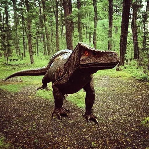 Image similar to “a Tyrannosaurus rex walking through a prehistoric forest”