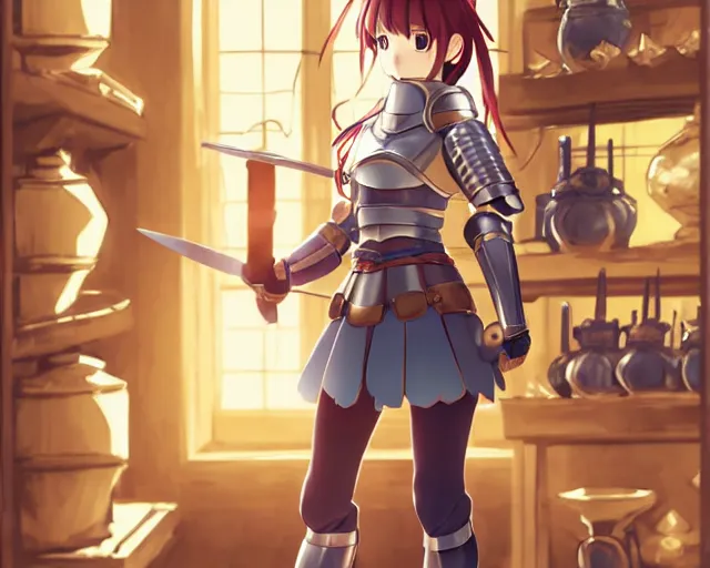 Image similar to anime visual, portrait of a young female knight wearing armor in a alchemist's shop interior, cute face by yoh yoshinari, katsura masakazu, studio lighting, dynamic pose, dynamic perspective, strong silhouette, anime cels, ilya kuvshinov, cel shaded, crisp and sharp, rounded eyes, moody