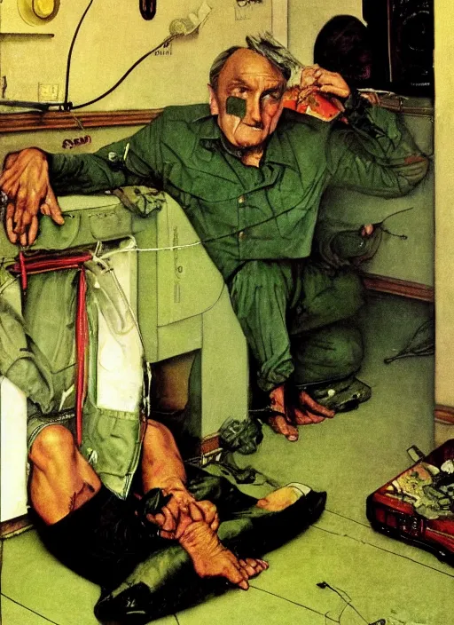 Image similar to dennis hopper crawling around on the floor of a dingy apartment, painted by norman rockwell and frank schoonover, green, dystopian