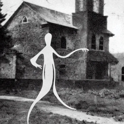 Prompt: scary unproportionally tall ghost creature in the middle of a village, 1920s picture