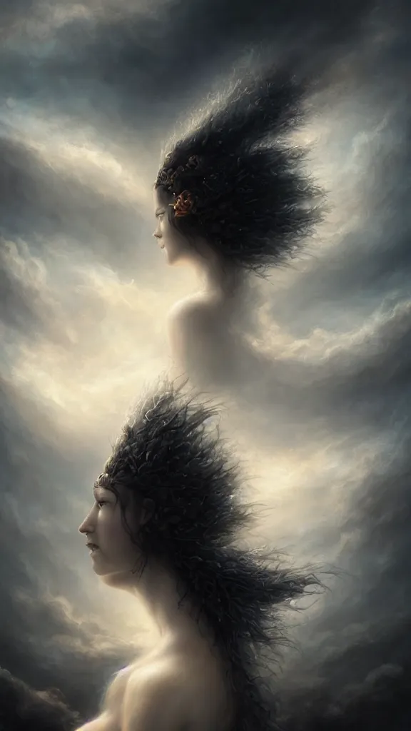 Image similar to a woman with very black hair and pale skin with a crown on her head walk on the clouds, in the style of tomasz alen kopera and fenghua zhong and peter mohrbacher, mystical colors, rim light, beautiful lighting, 8 k, stunning scene, raytracing, octane, trending on artstation,