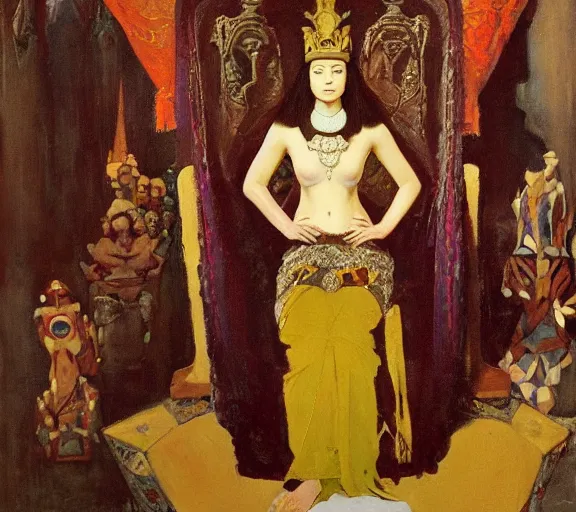 Image similar to an oil painting a queen standing in a throne room by nicholas roerich, by gustave moreau, by james hawe, by frank frazetta, by georgia o keeffe, highly detailed, realistic, realism, manierism, oil painting