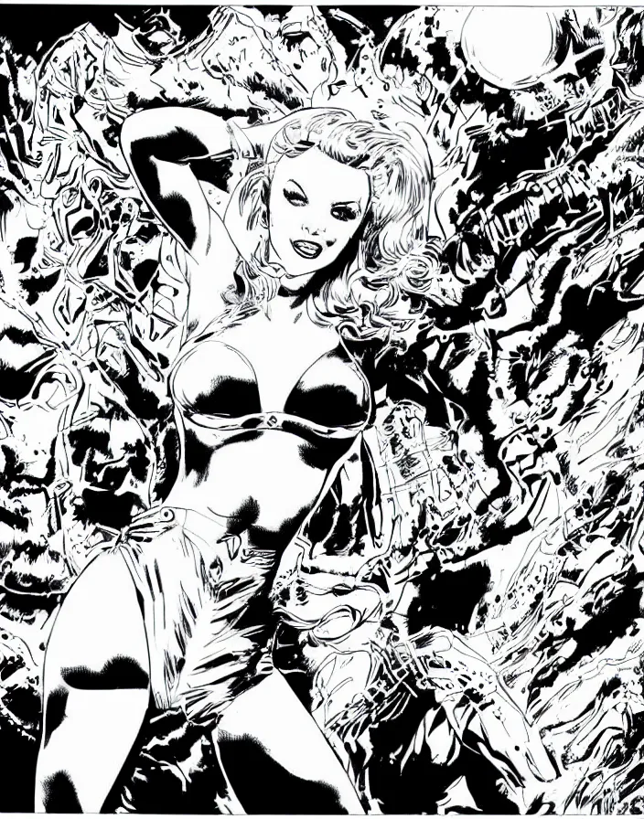 Image similar to comic page, one panel, kylie minogue as barbarella, exploring an alien planet. drawn by pablo marcos. b & w. black and white.