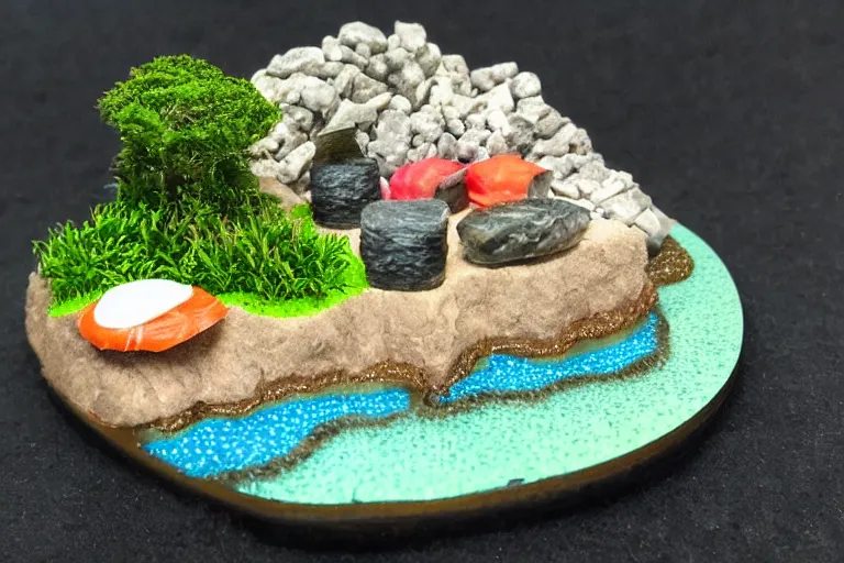 Image similar to miniature island made of sushi, diorama picture, 5 5 mm, sushi - island