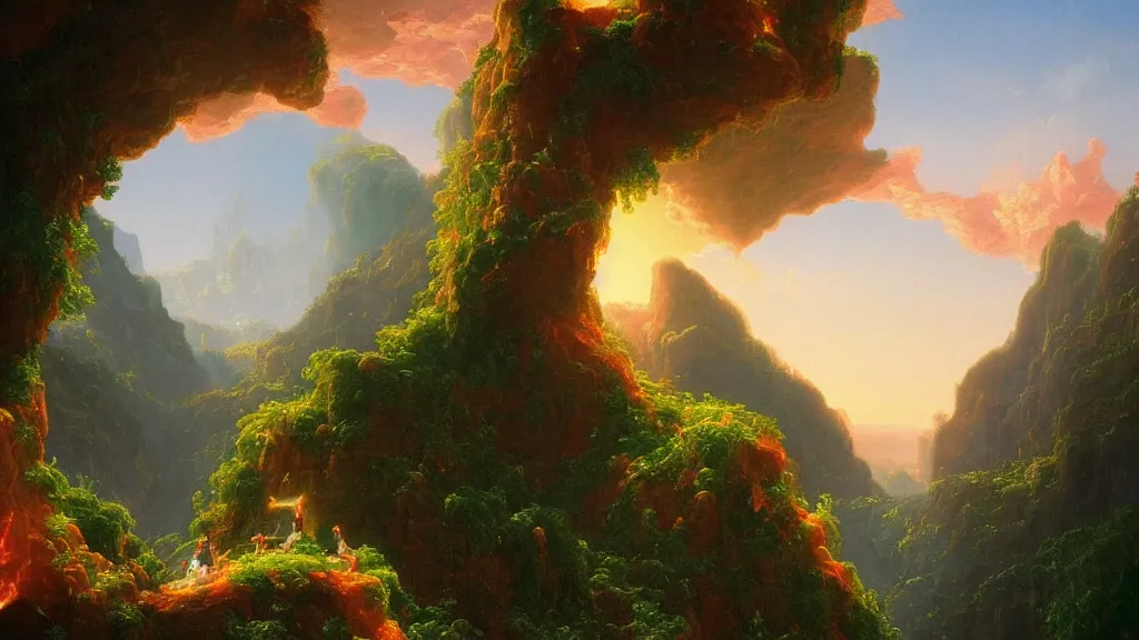 Prompt: very detailed and perfectly readable fine and soft relevant out of lines soft edges painting by beautiful walt disney animation films of the late 1 9 9 0 s and thomas cole in hd, we see a lava world, nice lighting, perfect readability