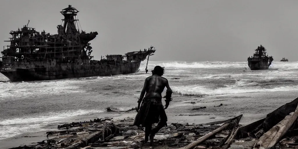 Image similar to sri lankan mad max style, ocean, big ship, film still, epic shot cinematography, rule of thirds