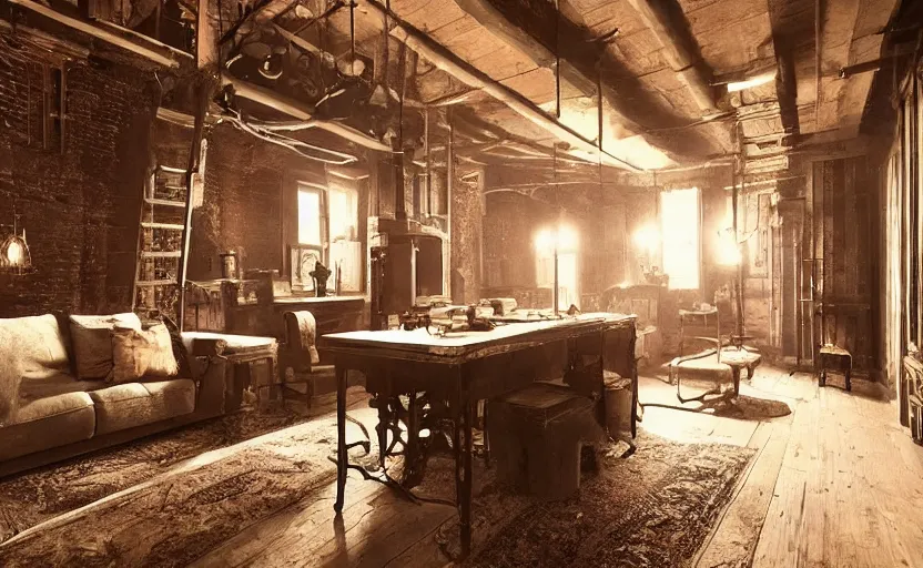 Prompt: A cozy old victorian loft, cold cinematic and atmospheric lighting, very coherent, highly detailed