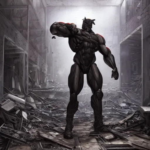 Image similar to a hyper - muscular anthropomorphized male horse with a magnificently muscular physique wearing tactical gear standing in the ruins of a facility, furry art, furaffinity, highly detailed, digital painting, artstation, concept art, magic the gathering, illustration by artgerm, greg rutkowski, wlop