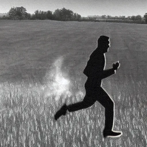 Image similar to cctv footage of a man running across a field, in the background is a large explosion, highly detailed, very realistic.