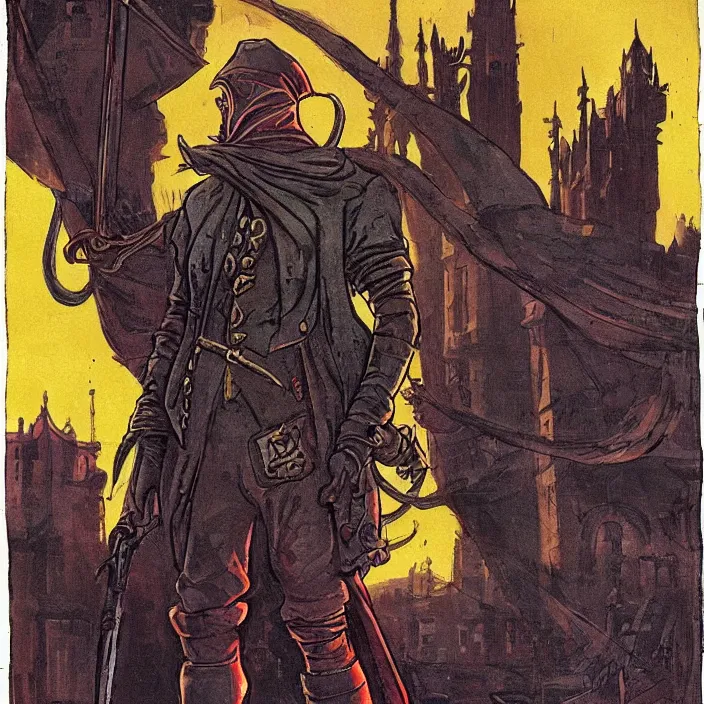 Image similar to t hunter from bloodborne in retrofuturism yharnam, style by retrofuturism, faded red and yelow, by malcolm smith, old comics in city, nicholas roerich,