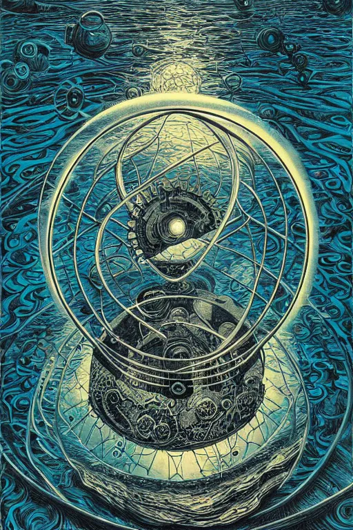 Prompt: dreamy portal in the center of the lake, abstract black oil, gear mecha, beautiful woman body, detailed acrylic, grunge, intricate complexity, by dan mumford and by alberto giacometti, m. c. escher
