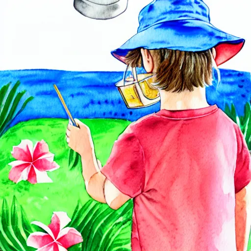 Image similar to a cat wearing a bucket hat and a hawaii shirt, children\'s book watercolor illustration