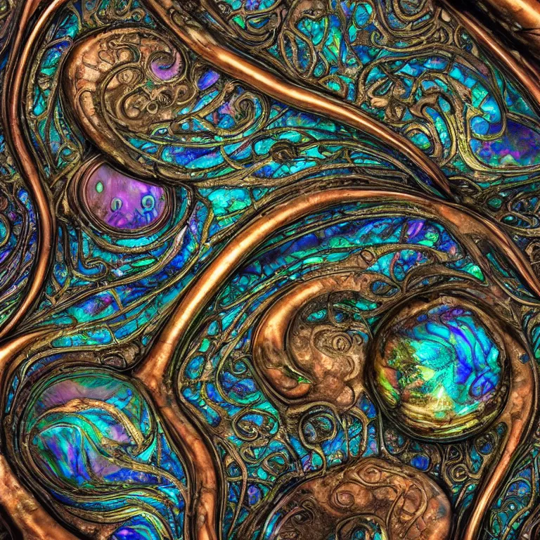 Image similar to Art Nouveau cresting oil slick waves, hyperdetailed bubbles in a shiny iridescent oil slick wave, black opal, abalone, paua shell, ornate copper patina medieval ornament, rococo, oganic rippling spirals, octane render, 8k 3D