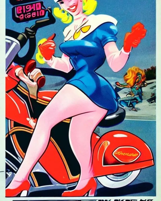 Image similar to cybernetic princess peach riding a motorcycle, 1 9 5 0 s pinup, retro futurism