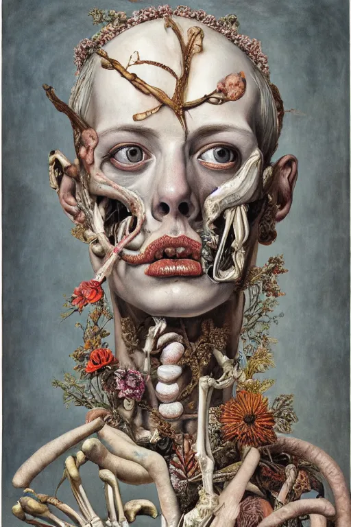 Image similar to Detailed maximalist portrait of a greek god with large lips and eyes, scared expression, botanical anatomy, skeletal with extra flesh, HD mixed media, 3D collage, highly detailed and intricate, surreal illustration in the style of Jenny Saville, dark art, baroque, centred in image