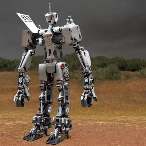 Prompt: Photograph from the 2022 field test of the United State’s humanoid battle mech prototype