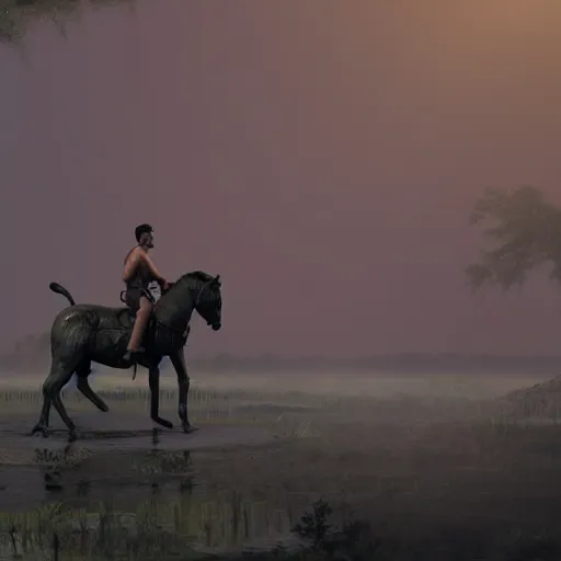 Image similar to large diorama, young man in leather tunic and loincloth, hopelessly pulling his horse from the mud of the swamp of sadness. Swampy, in the style of hudson river school, dark, volumetric lighting, crepuscule, octane render