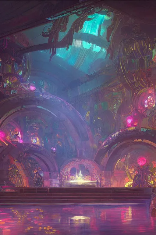 Prompt: Concept Digital Art Highly detailed Alien Art Deco Cybertron lazy river inside of the Palace of the Primes with glowing pink water at night by greg rutkowski, Ilya repin, alphonse mucha, and Edmund Blair Leighton. Very highly detailed 8K, octane, Digital painting, the golden ratio, rational painting