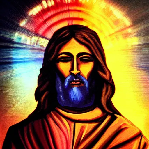 Prompt: a painting of neon jesus they prayed, cyberpunk