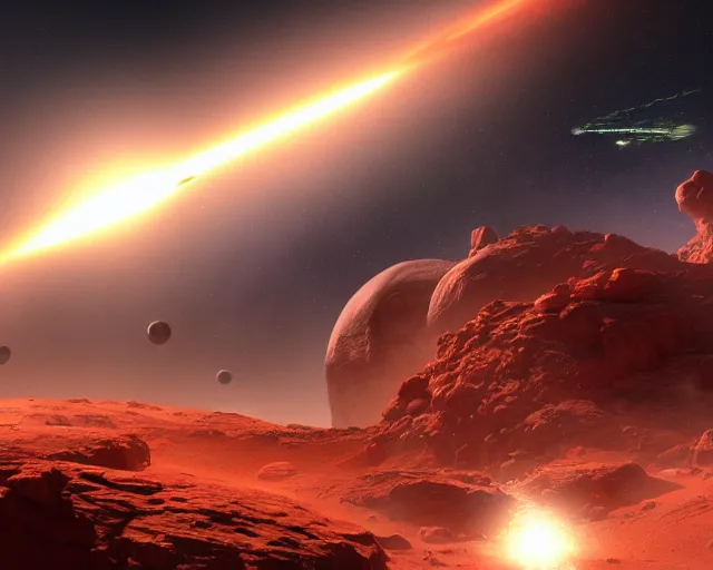 Prompt: UE5 renders epic space battle in atmosphere of Mars, in the style of Robert McCall by Jim Burns, 4k, 8k, HD, trending on artstation, lens flare lighting