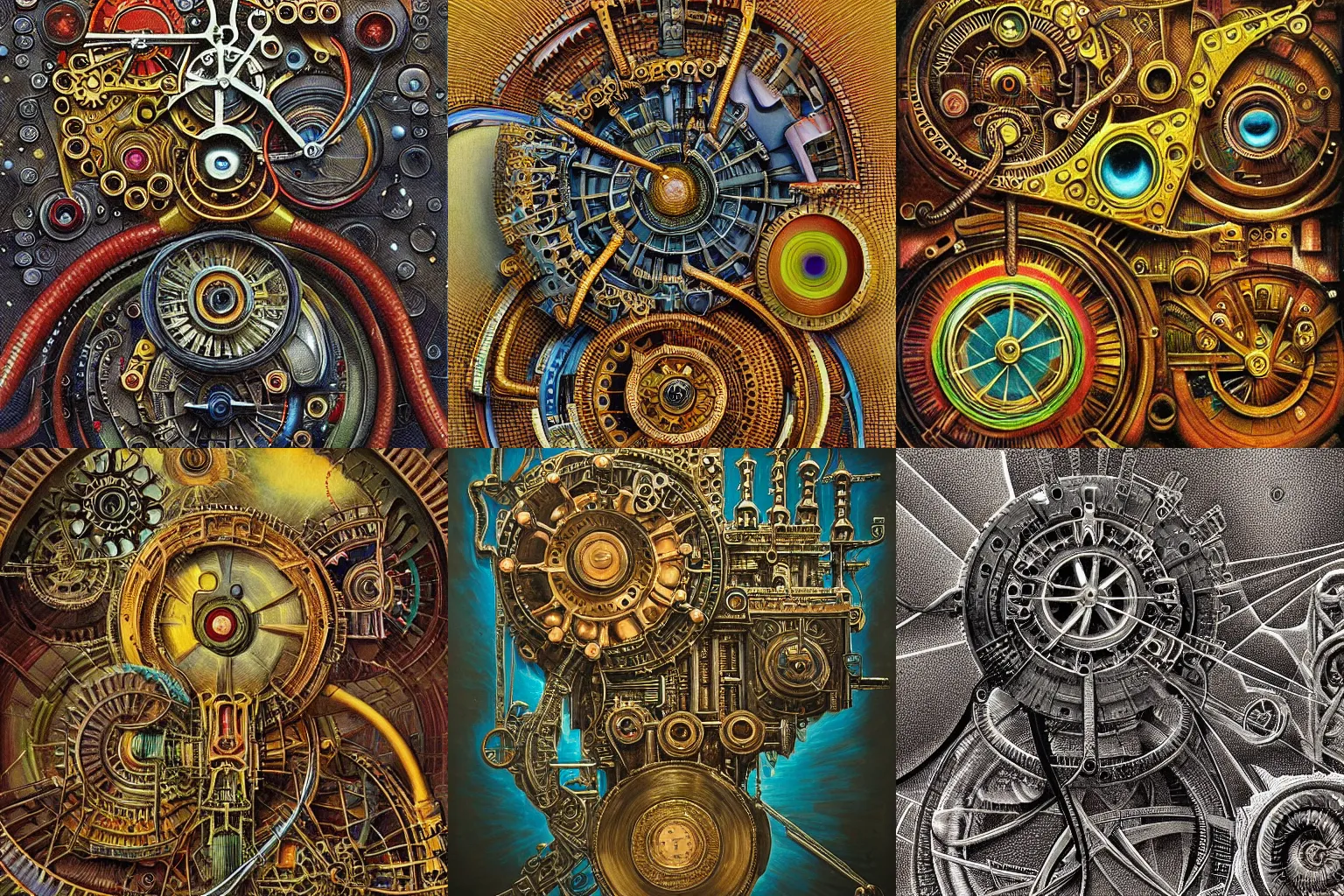 Prompt: a complicated time travel machine engine contraption with sprockets springs cranks cylinders hoses pistons, super detailed, high detail, hyper detailed, masterpiece, Beksinski, intricate abstract, detailed abstract, isometric, optical illusion, infinity, golden ratio, cubism, color pencil, bright colors, vivid colors, hyper detailed, ultra high resolution, artstation, a tiny bit of M.C. Escher