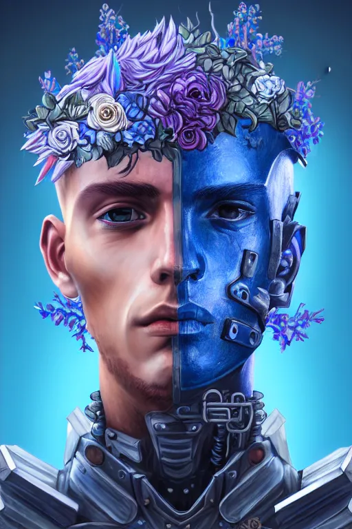 Image similar to portrait of beautiful young man, warhammer, cyber style, cyberpunk armor, a lot of more scars, more and more flowers, blue head, the middle ages, highly detailed, artstation, illustration, artgerm sylvari portrait, 8 k quality, art by rene magritte