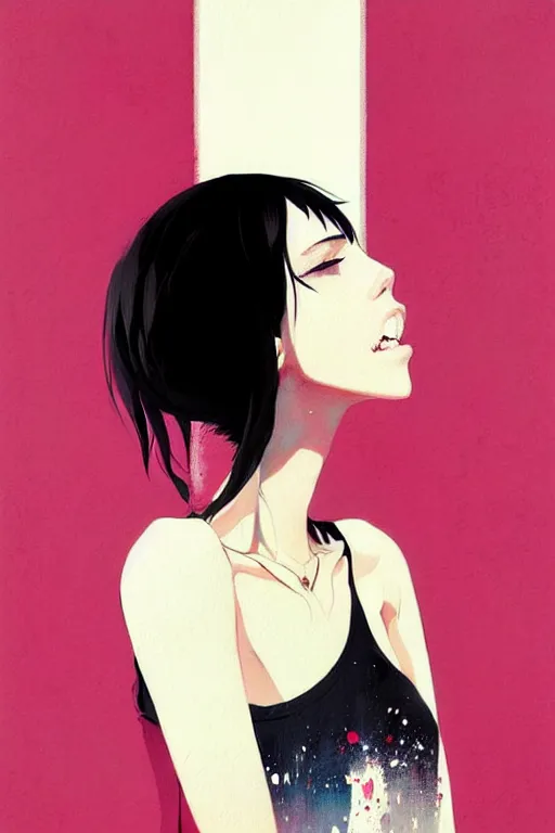 Image similar to a ultradetailed beautiful painting of a stylish woman with a white tank top, she has black hair with bangs, by conrad roset, greg rutkowski and makoto shinkai trending on artstation