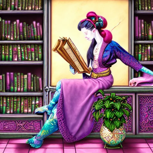 Image similar to a detailed fantasy pastel portrait of a woman wizard in ornate clothing lounging on a purpur pillow on the marble floor in front of her bookcase in a room, reading an ancient tome. to the side is a potted plant, moody light. ancient retrofuturistic setting. 4 k key art. raytracing, perspective, by chie yoshii and yoshitaka amano.