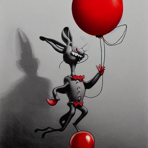 Image similar to scribble painting of bugs bunny with a wide smile and a red balloon by Zdzisław Beksiński, loony toons style, pennywise style, corpse bride style, creepy lighting, horror theme, detailed, elegant, intricate, conceptual, volumetric light