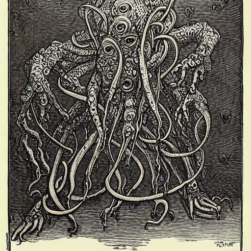 Image similar to a detailed woodcut of Cthulhu by Gustave Doré