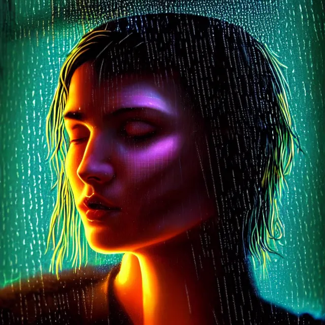 Prompt: bright portrait LSD glowing backlit rain on face and wet hair, cyberpunk, overhead lighting, fantasy, intricate, elegant, dramatic lighting, highly detailed, lifelike, photorealistic, digital painting, artstation, illustration, concept art, smooth, sharp focus, art by John Collier and Albert Aublet and Krenz Cushart and Artem Demura and Alphonse Mucha