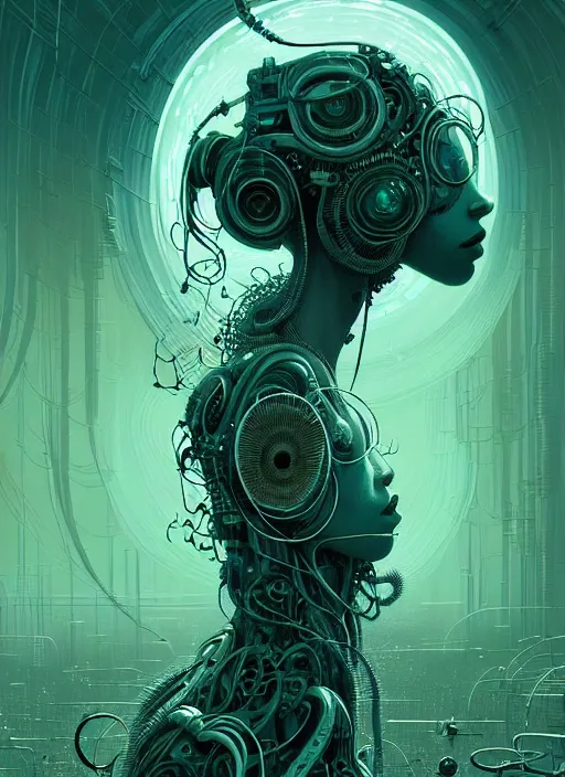 Image similar to highly detailed portrait of a biopunk long curly white hair tribal lady, stray wiring by atey ghailan, james gilleard, by joe fenton, by greg rutkowski, by greg tocchini, by kaethe butcher, 4 k resolution, gradient green, black and white color scheme!!! ( ( irradiated robotic leafy tornado landscape background ) )